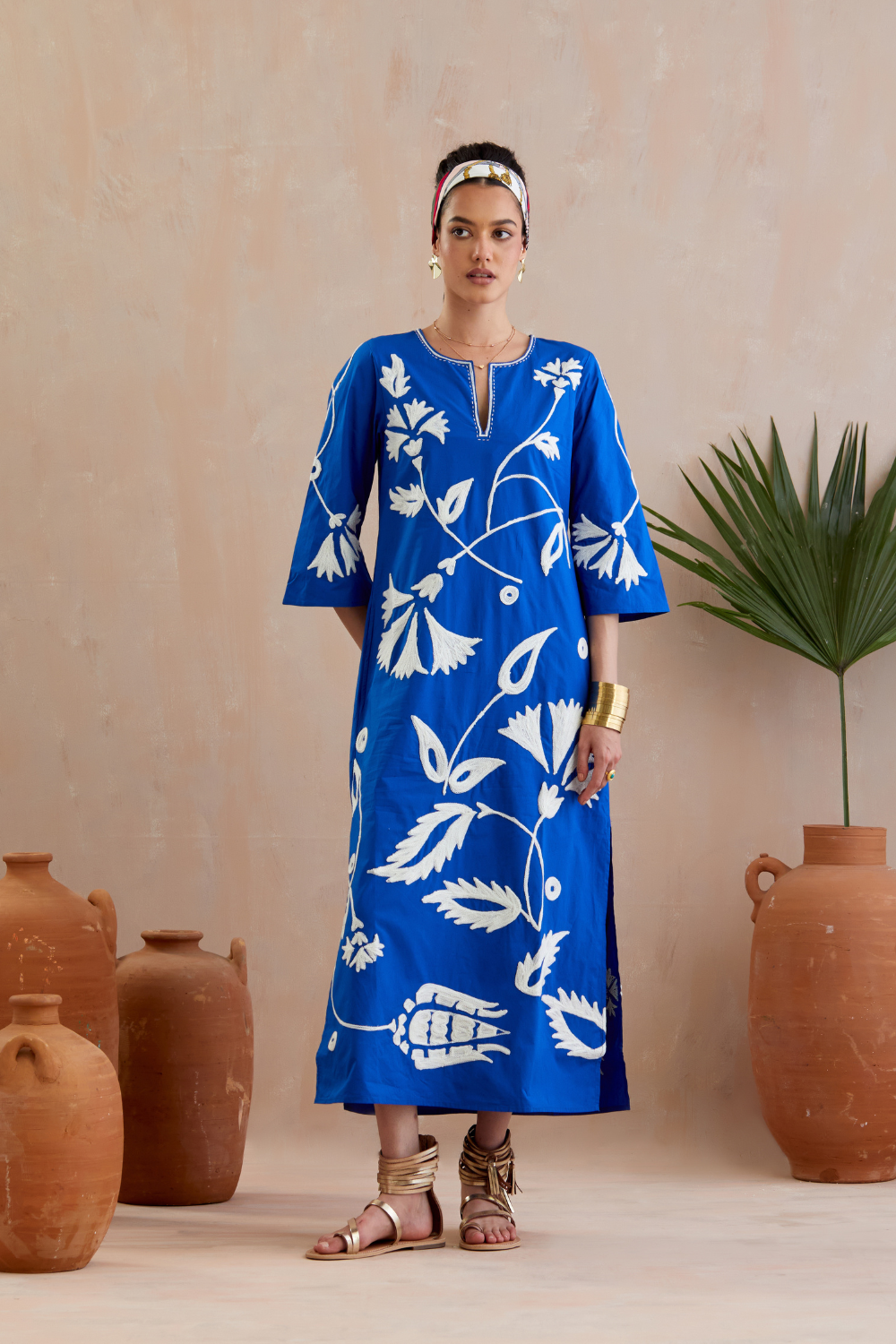 Cobalt Blue and Ivory Thread Embroidery Maxi Dress