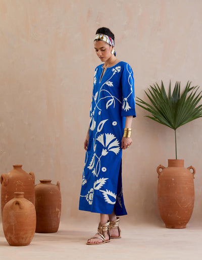 Cobalt Blue and Ivory Thread Embroidery Maxi Dress