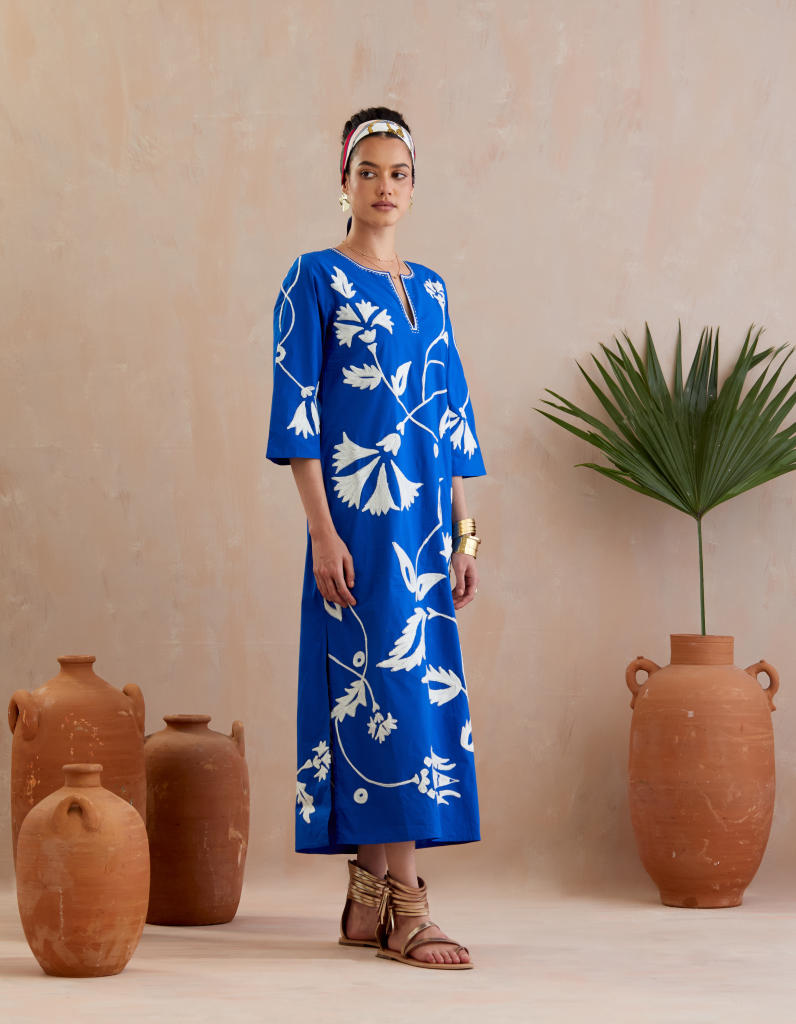 Cobalt Blue and Ivory Thread Embroidery Maxi Dress poplin by Indian Summer Story in blue color for women Worldwide