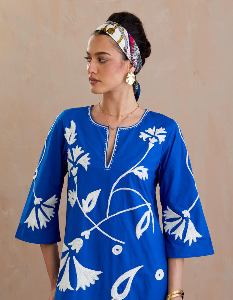 Cobalt Blue and Ivory Thread Embroidery Maxi Dress poplin by Indian Summer Story in blue color for women Worldwide