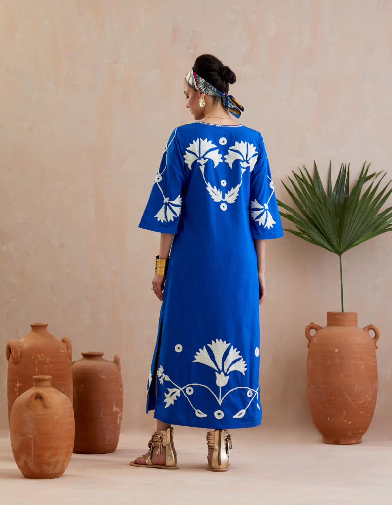 Cobalt Blue and Ivory Thread Embroidery Maxi Dress