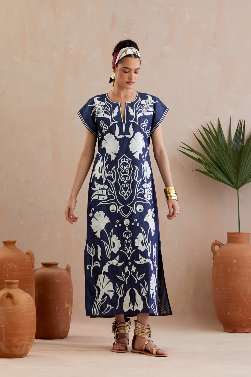 Denim and Ivory Thread Embroidery Maxi Dress poplin by Indian Summer Story in blue color for women Worldwide