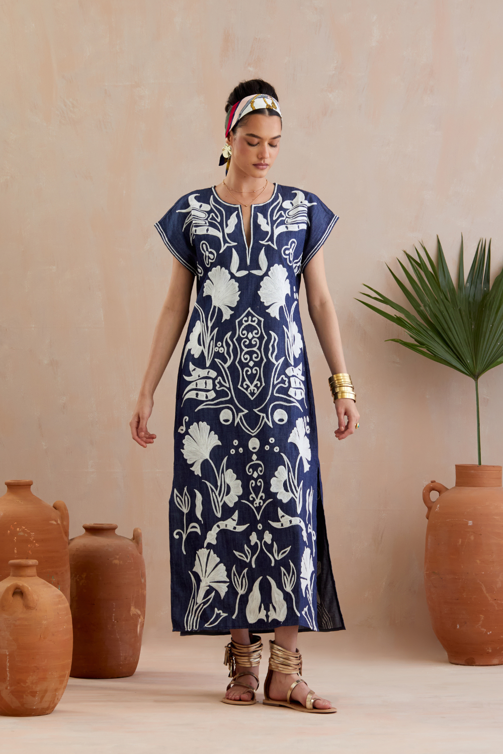 Denim and Ivory Thread Embroidery Maxi Dress