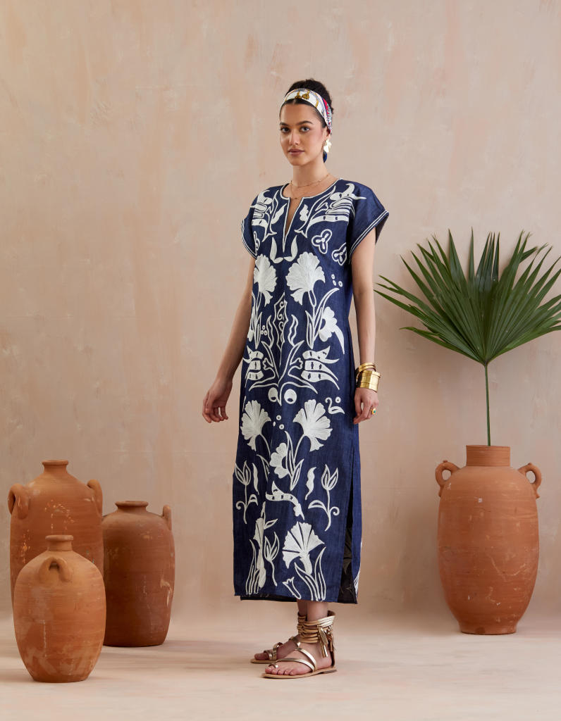 Denim and Ivory Thread Embroidery Maxi Dress