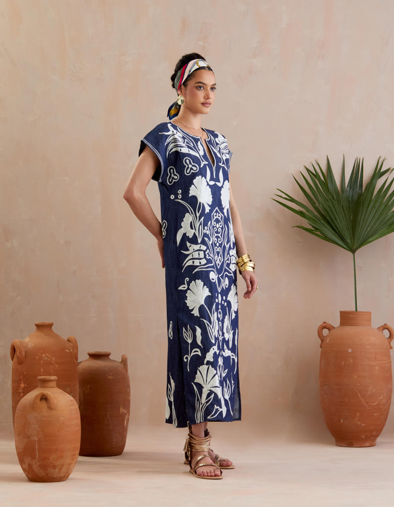 Denim and Ivory Thread Embroidery Maxi Dress