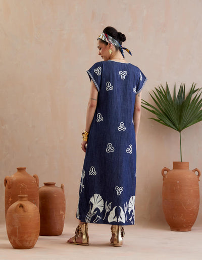 Denim and Ivory Thread Embroidery Maxi Dress