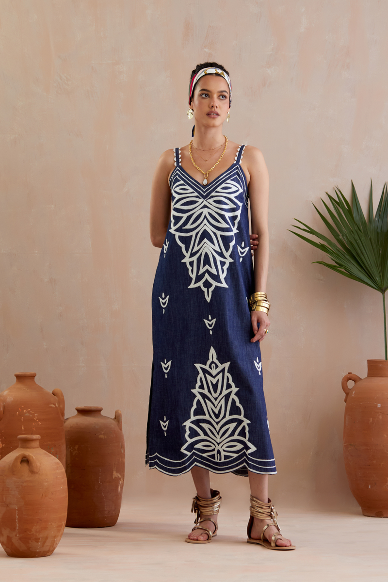 Denim and Ivory Thread Embroidery Midi Dress poplin by Indian Summer Story in blue color for women Worldwide