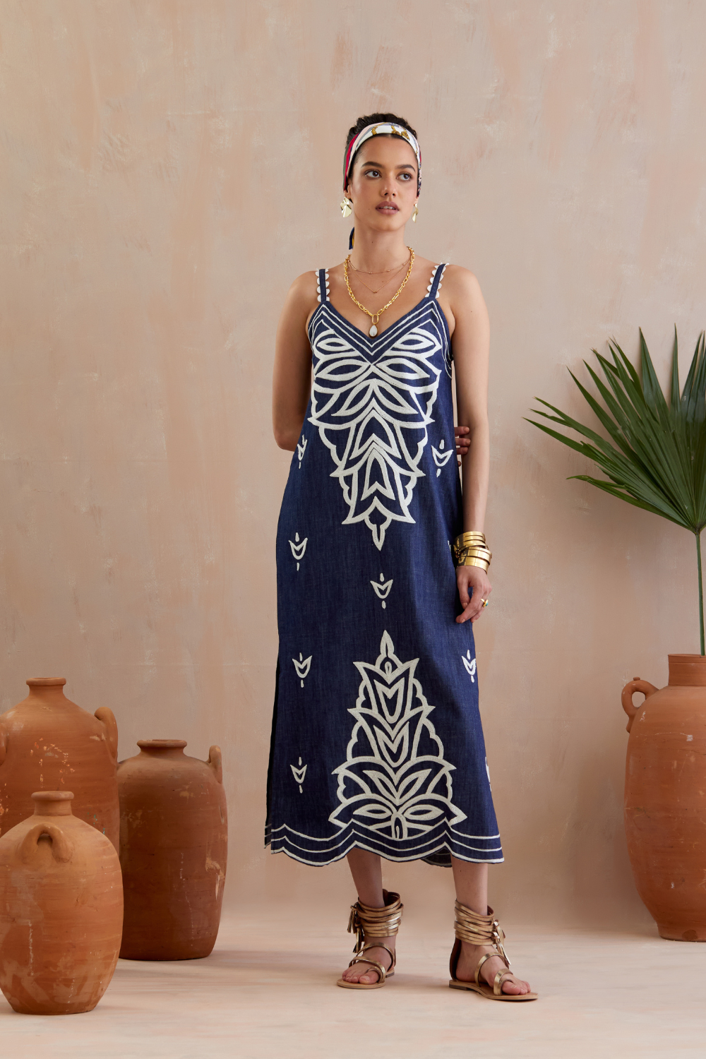 Denim and Ivory Thread Embroidery Midi Dress