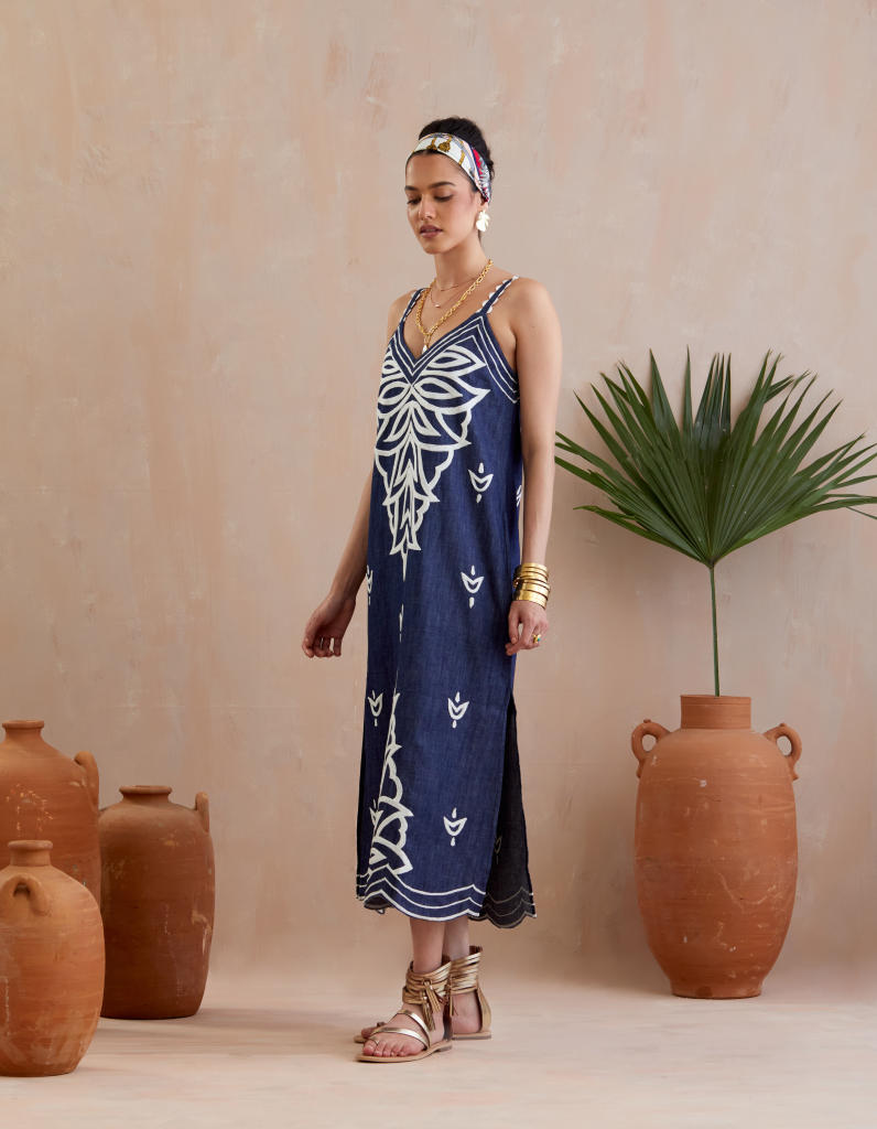 Denim and Ivory Thread Embroidery Midi Dress poplin by Indian Summer Story in blue color for women Worldwide