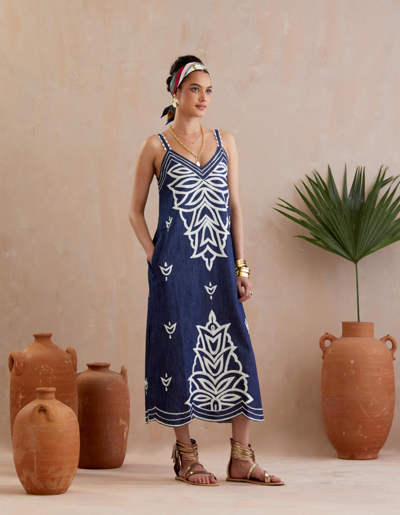 Denim and Ivory Thread Embroidery Midi Dress