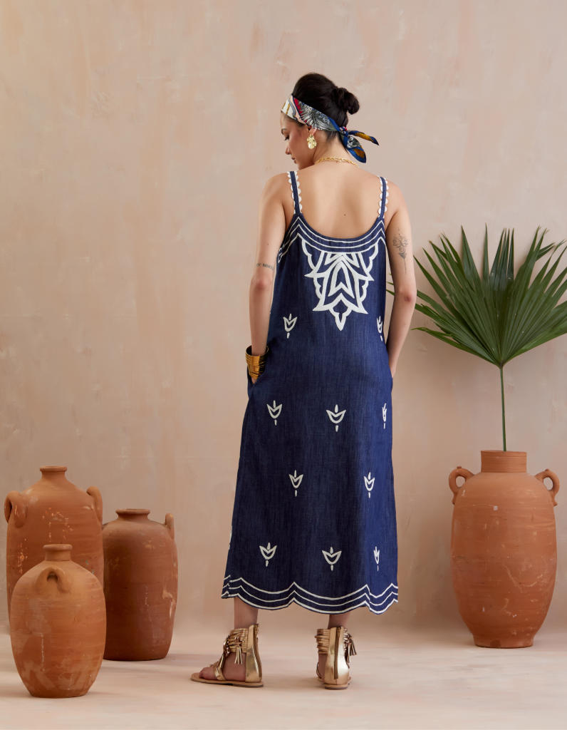 Denim and Ivory Thread Embroidery Midi Dress poplin by Indian Summer Story in blue color for women Worldwide