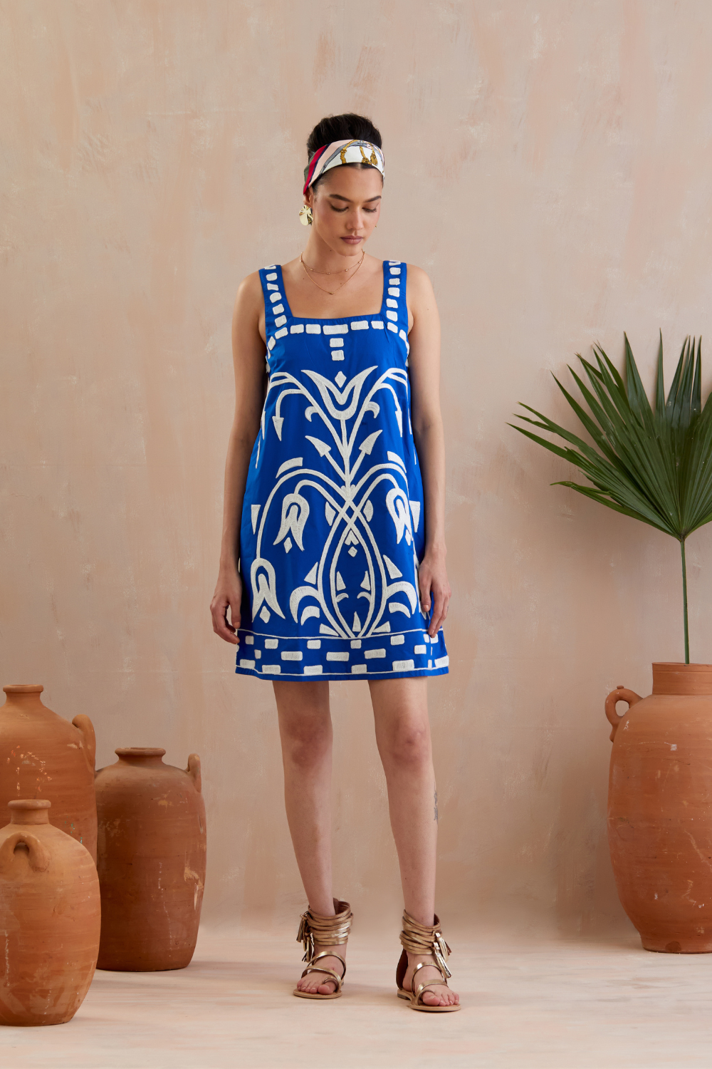 Cobalt Blue and Ivory Thread Embroidery Mini Dress