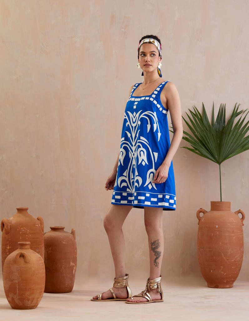 Cobalt Blue and Ivory Thread Embroidery Mini Dress poplin by Indian Summer Story in blue color for women Worldwide