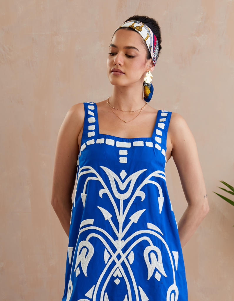 Cobalt Blue and Ivory Thread Embroidery Mini Dress poplin by Indian Summer Story in blue color for women Worldwide