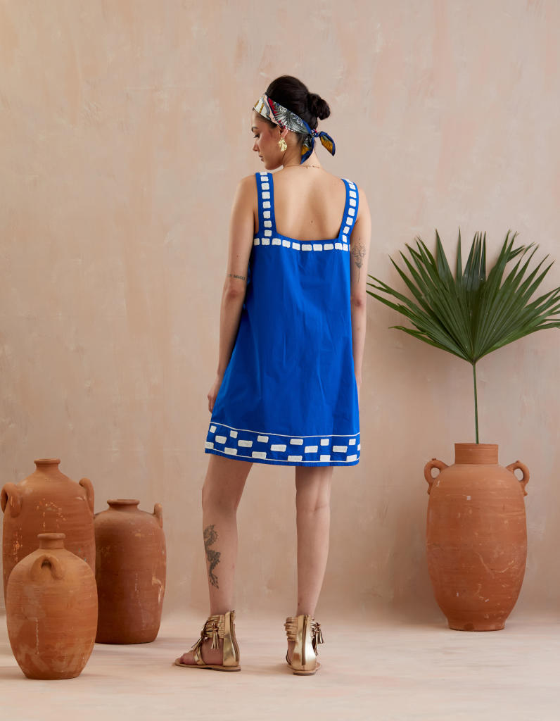 Cobalt Blue and Ivory Thread Embroidery Mini Dress