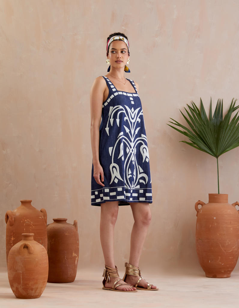 Denim and Ivory Thread Embroidery Mini Dress poplin by Indian Summer Story in blue color for women Worldwide