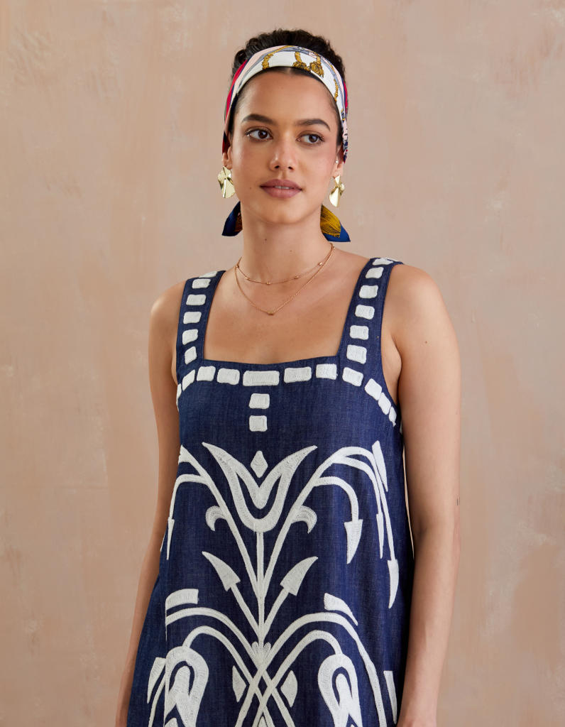 Denim and Ivory Thread Embroidery Mini Dress poplin by Indian Summer Story in blue color for women Worldwide