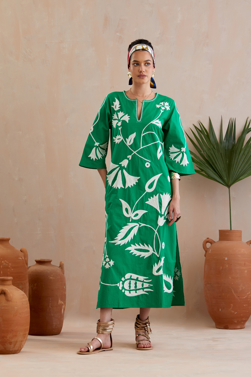 Avocado Green and Ivory Thread Embroidery Maxi Dress poplin by Indian Summer Story in green color for women Worldwide
