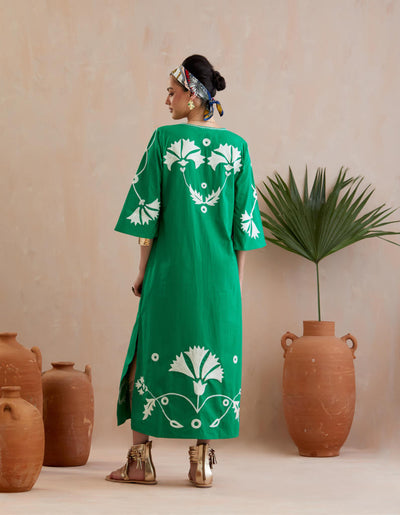 Avocado Green and Ivory Thread Embroidery Maxi Dress