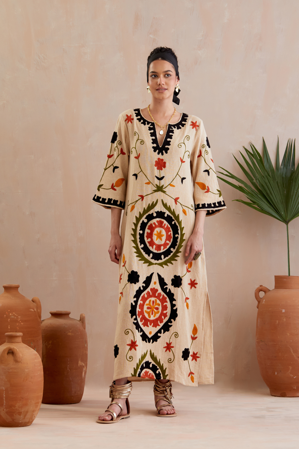 Natural and Multi Color Thread Embroidery Jute Maxi Dress