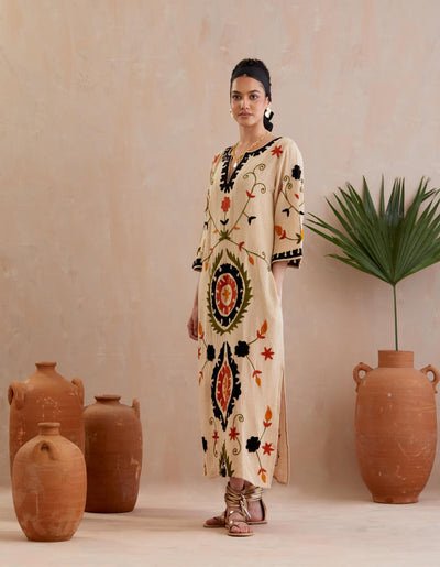 Natural and Multi Color Thread Embroidery Jute Maxi Dress