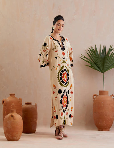 Natural and Multi Color Thread Embroidery Jute Maxi Dress