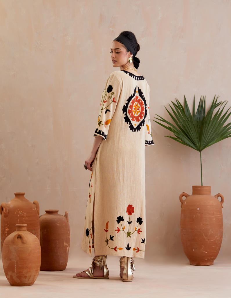 Natural and Multi Color Thread Embroidery Jute Maxi Dress