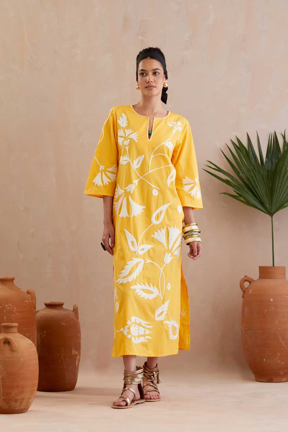 Mango Yellow and Ivory Thread Embroidery Maxi Dress