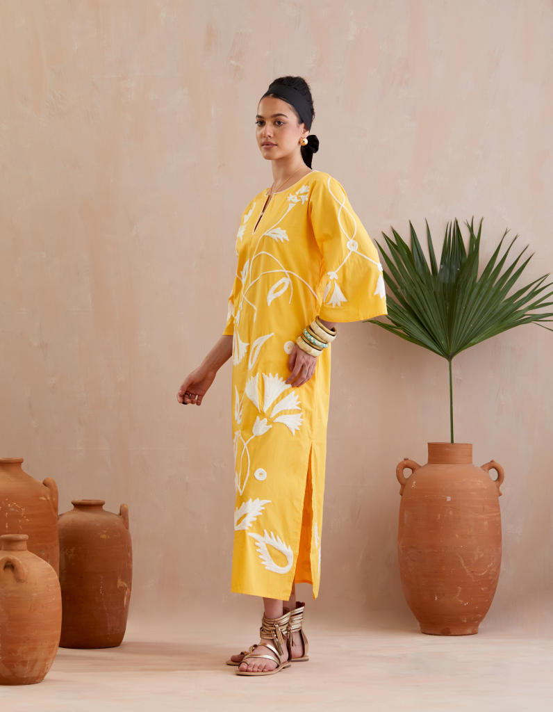 Mango Yellow and Ivory Thread Embroidery Maxi Dress