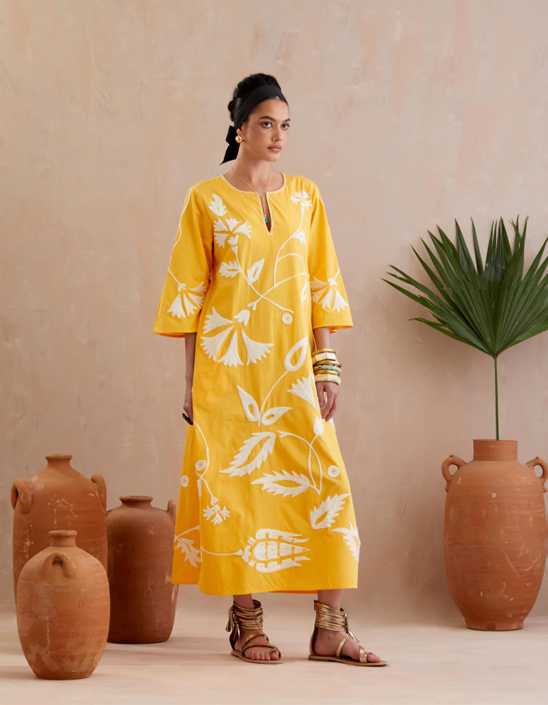 Mango Yellow and Ivory Thread Embroidery Maxi Dress