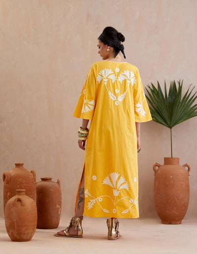 Mango Yellow and Ivory Thread Embroidery Maxi Dress