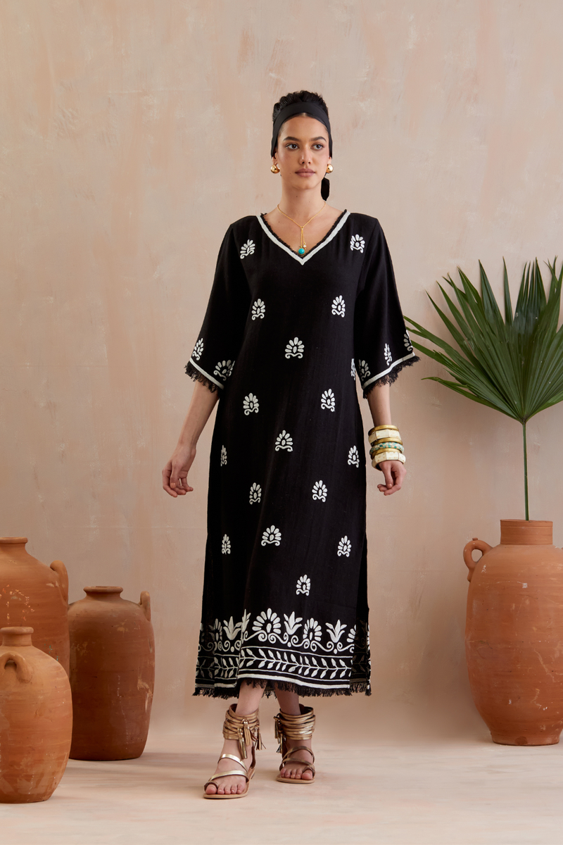 Black and Ivory Thread Embroidery Jute Maxi Dress by Indian Summer Story in black color for women Worldwide