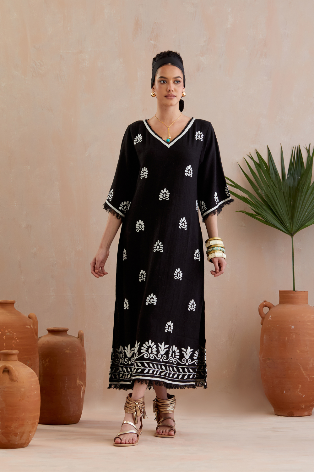 Black and Ivory Thread Embroidery Jute Maxi Dress