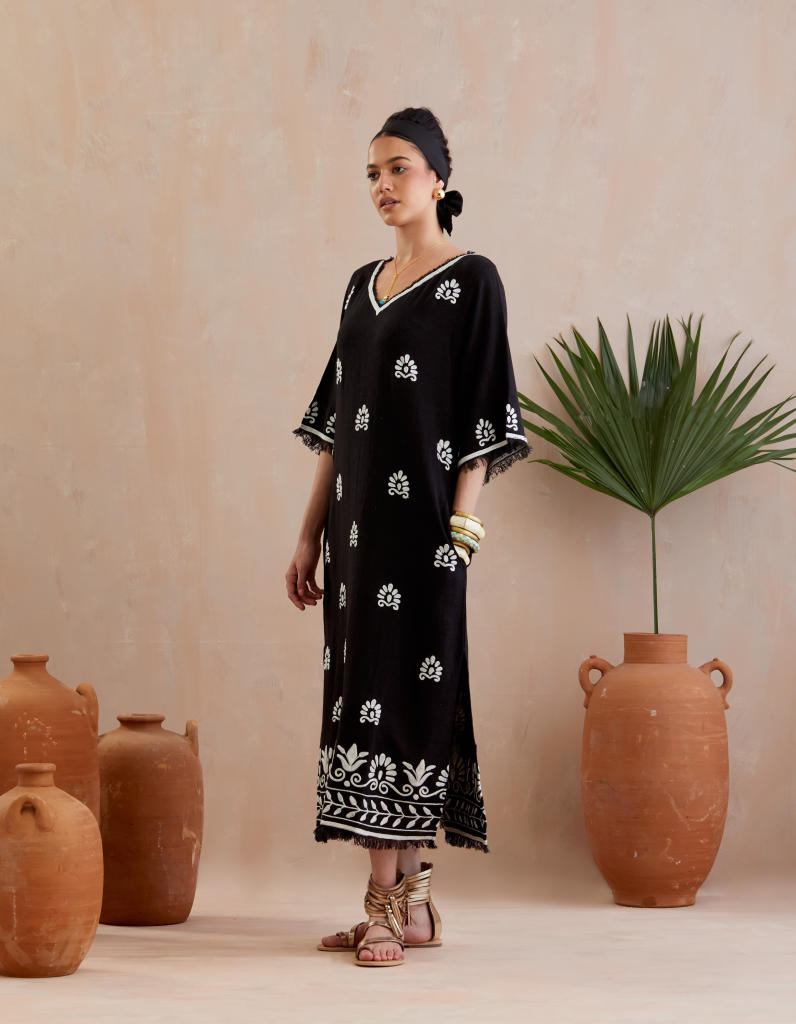 Black and Ivory Thread Embroidery Jute Maxi Dress