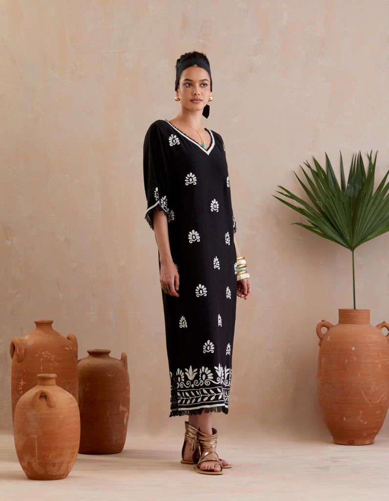 Black and Ivory Thread Embroidery Jute Maxi Dress