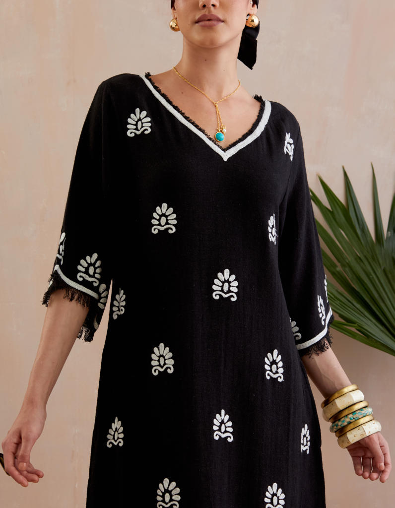 Black and Ivory Thread Embroidery Jute Maxi Dress by Indian Summer Story in black color for women Worldwide