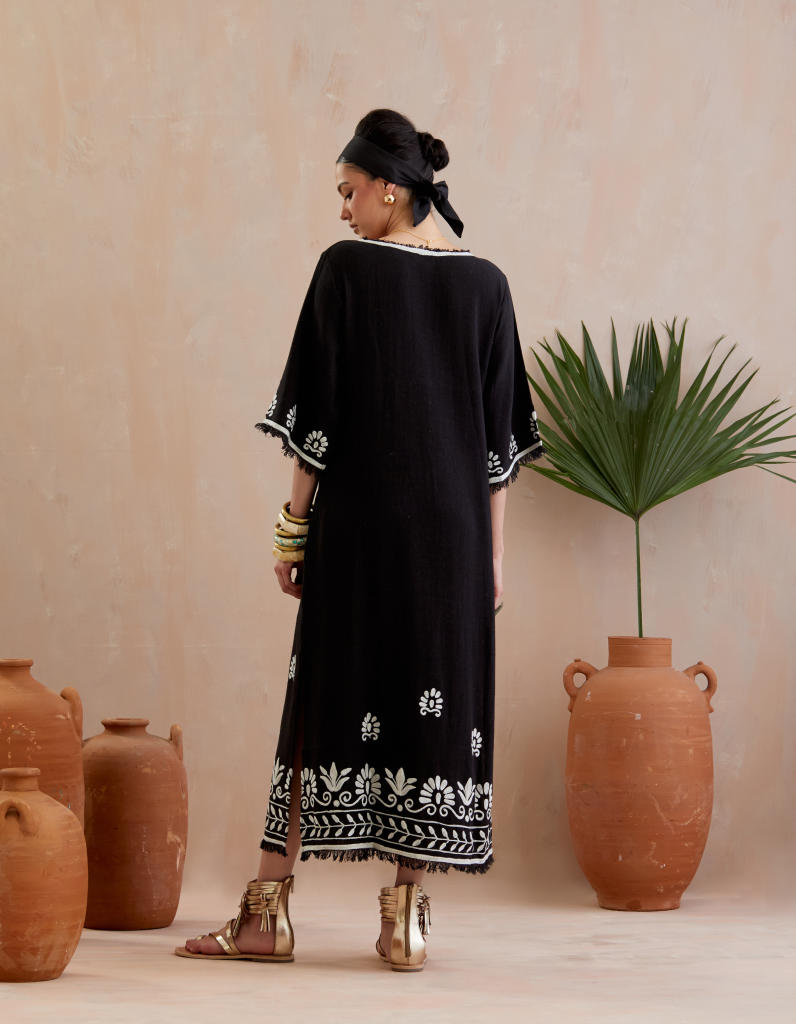 Black and Ivory Thread Embroidery Jute Maxi Dress