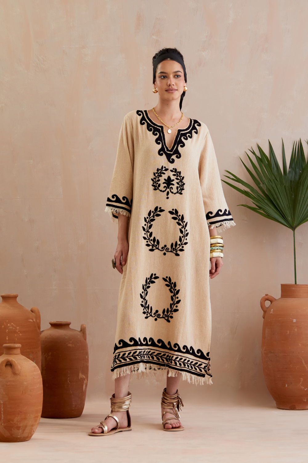 Natural and Black Thread Embroidery Jute Maxi Dress