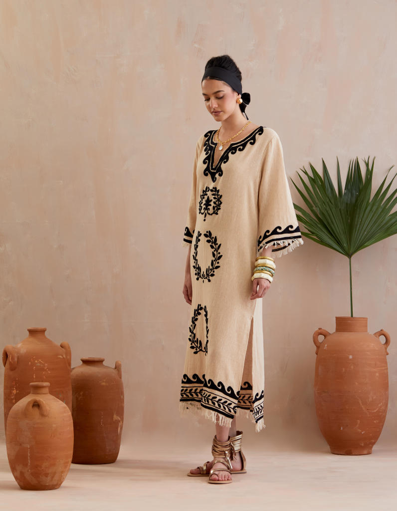 Natural and Black Thread Embroidery Jute Maxi Dress