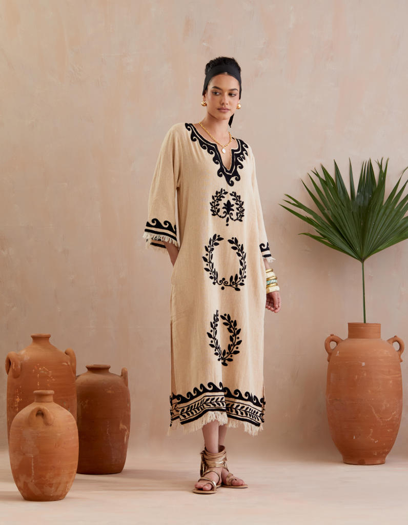 Natural and Black Thread Embroidery Jute Maxi Dress by Indian Summer Story in beige color for women Worldwide