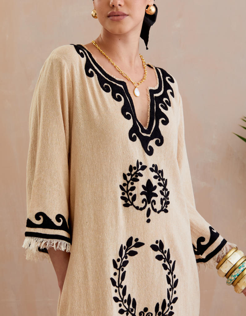 Natural and Black Thread Embroidery Jute Maxi Dress by Indian Summer Story in beige color for women Worldwide