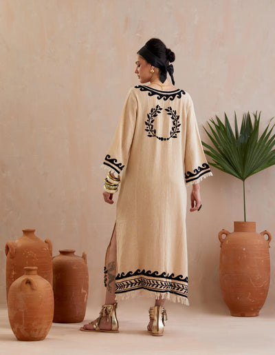 Natural and Black Thread Embroidery Jute Maxi Dress