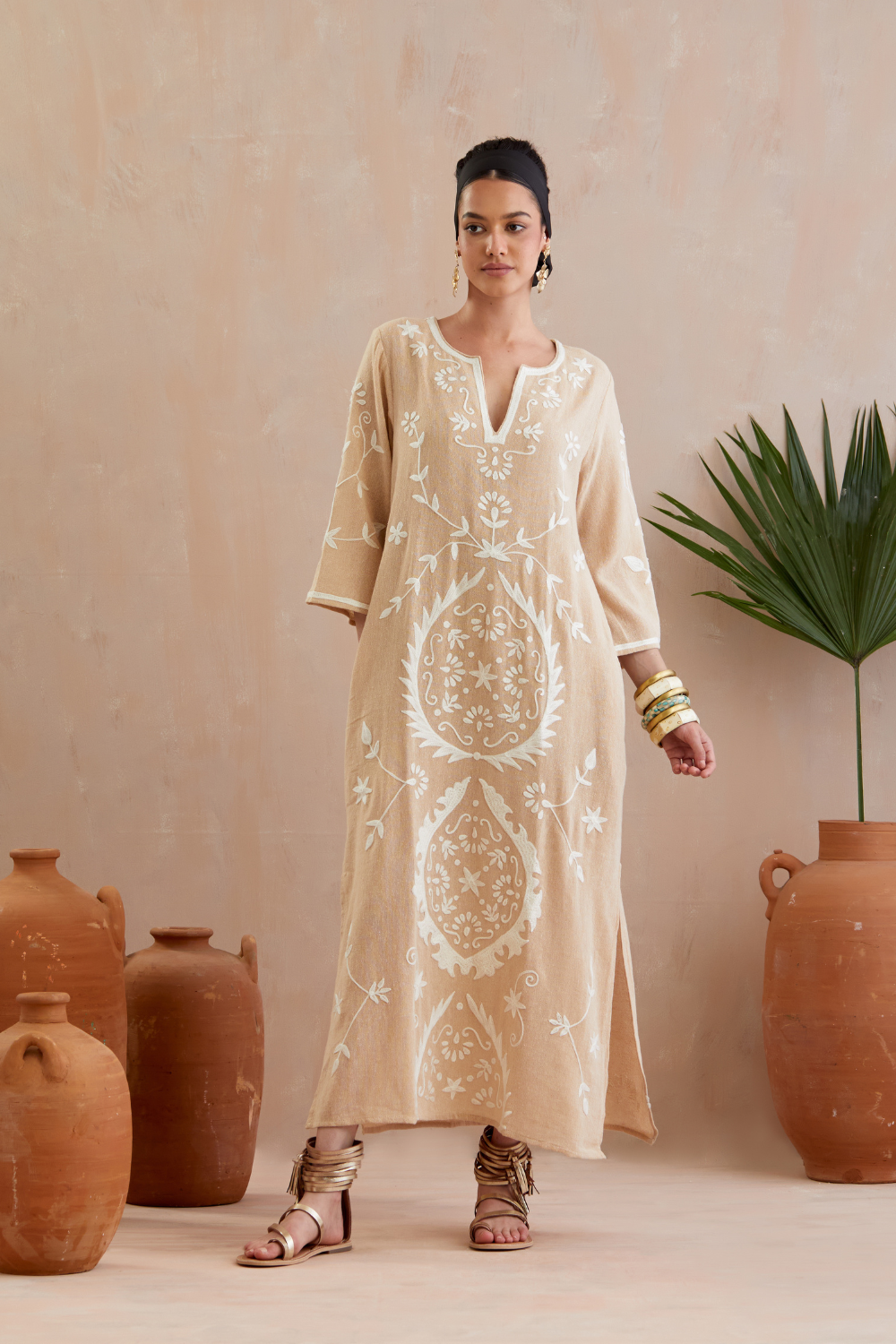 Natural and Ivory Thread Embroidery Jute Maxi Dress