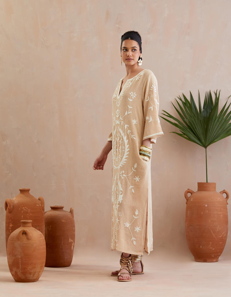 Natural and Ivory Thread Embroidery Jute Maxi Dress by Indian Summer Story in beige color for women Worldwide