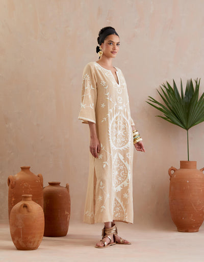 Natural and Ivory Thread Embroidery Jute Maxi Dress