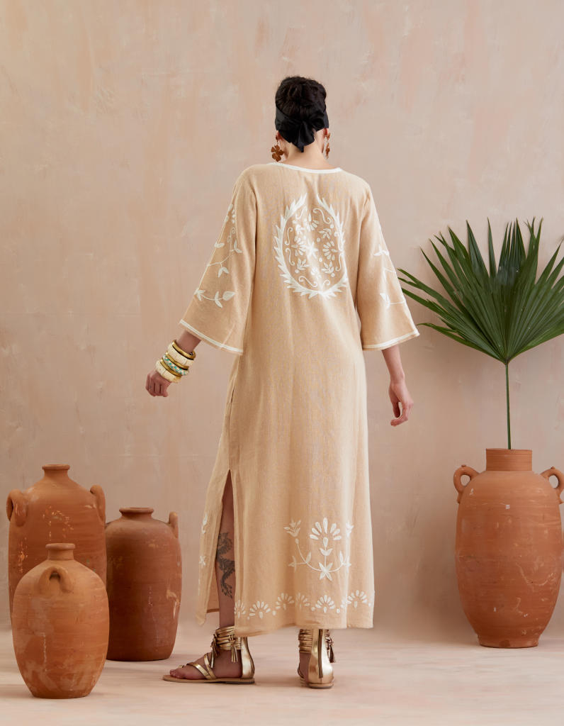 Natural and Ivory Thread Embroidery Jute Maxi Dress by Indian Summer Story in beige color for women Worldwide