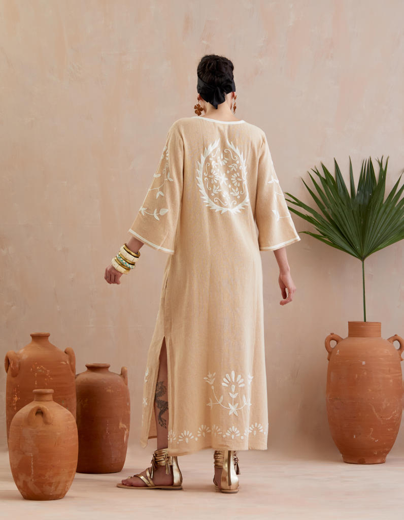 Natural and Ivory Thread Embroidery Jute Maxi Dress