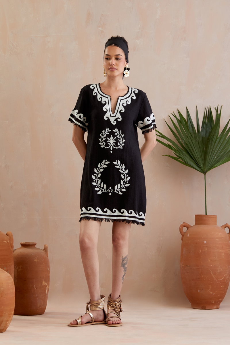 Black and Ivory Thread Embroidery Jute Mini Dress by Indian Summer Story in black color for women Worldwide