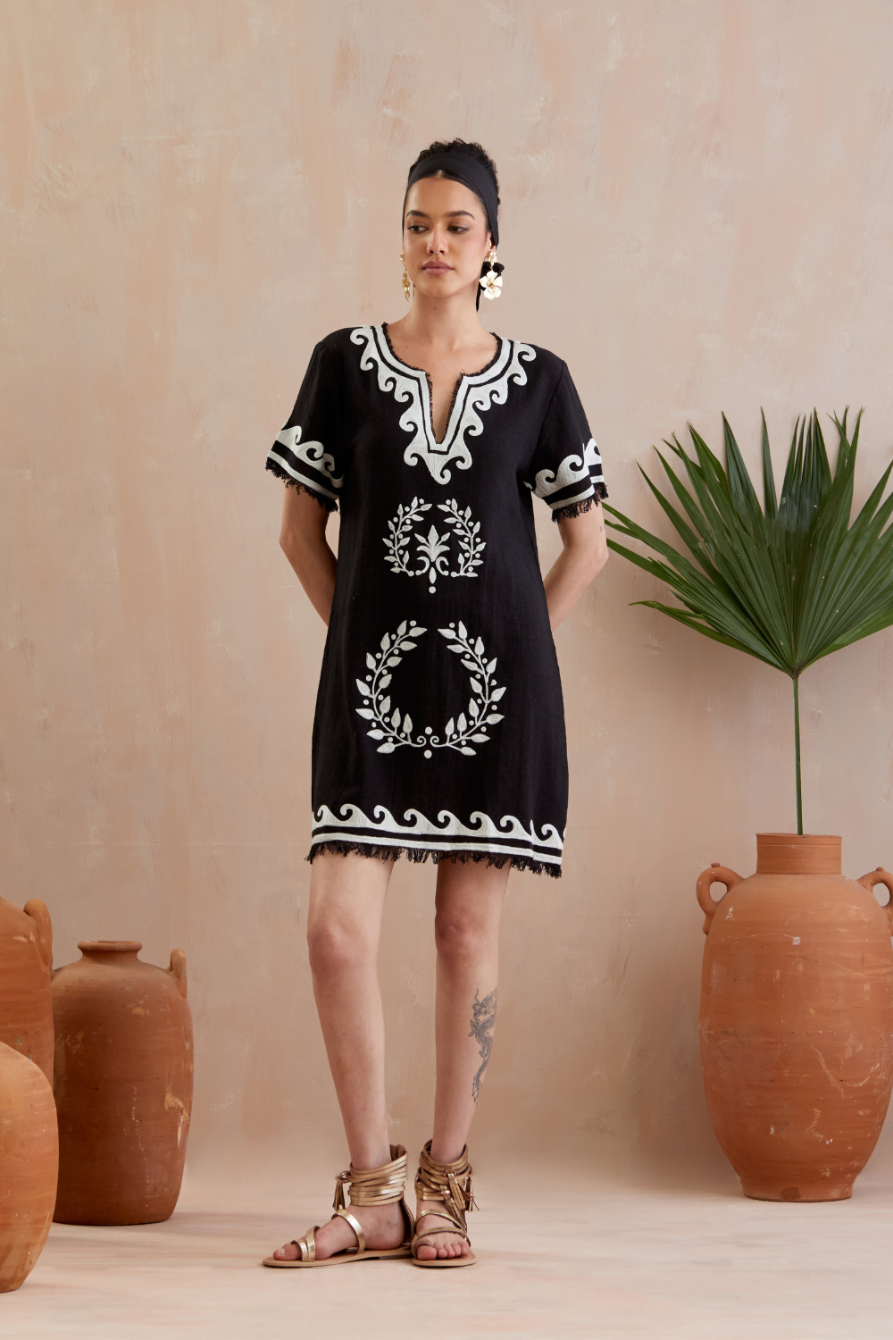 Black and Ivory Thread Embroidery Jute Mini Dress