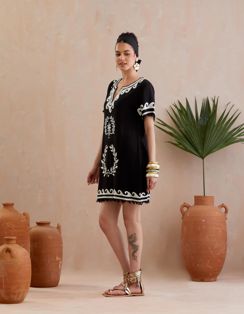 Black and Ivory Thread Embroidery Jute Mini Dress